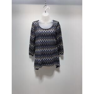 Coral Bay Blue Gold Zig Zag Print Woven Mid Sleeve Tunic Top Size Medium